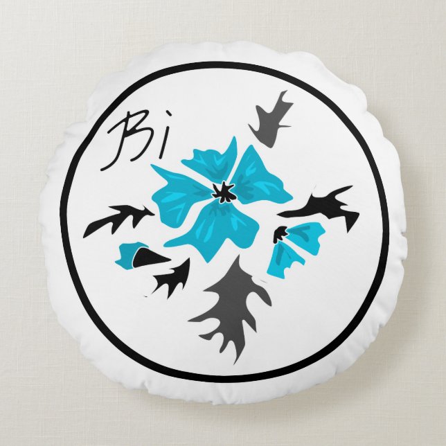 Abstract modern blue flower grey black leaves prin round cushion (Front)
