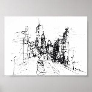 Abstract Modern Cityscape Sketch - Premium Poster