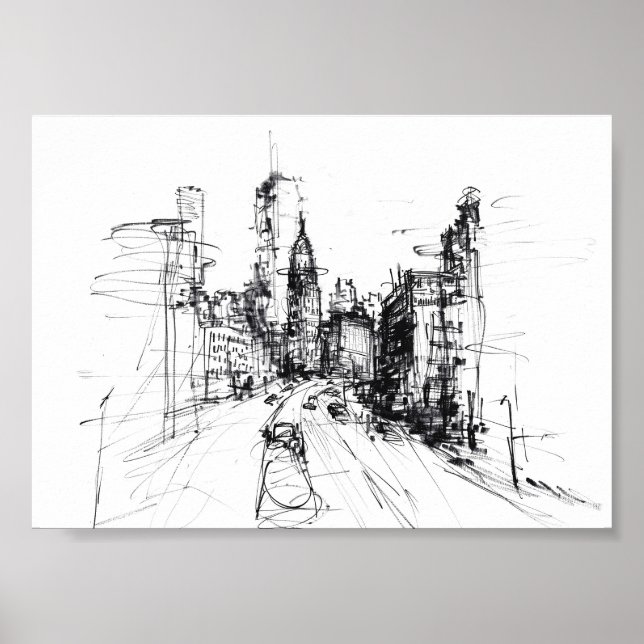 Abstract Modern Cityscape Sketch - Premium Poster (Front)