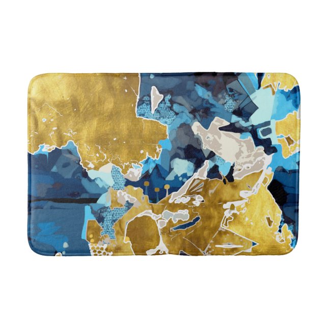 Abstract, modern, collage, gold, navy blue bath mat (Front)