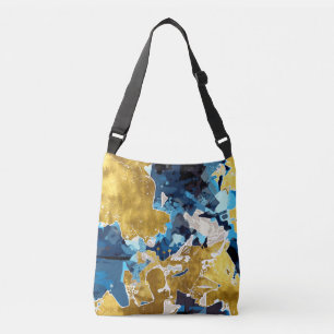 Abstract, modern, collage, gold, navy blue crossbody bag