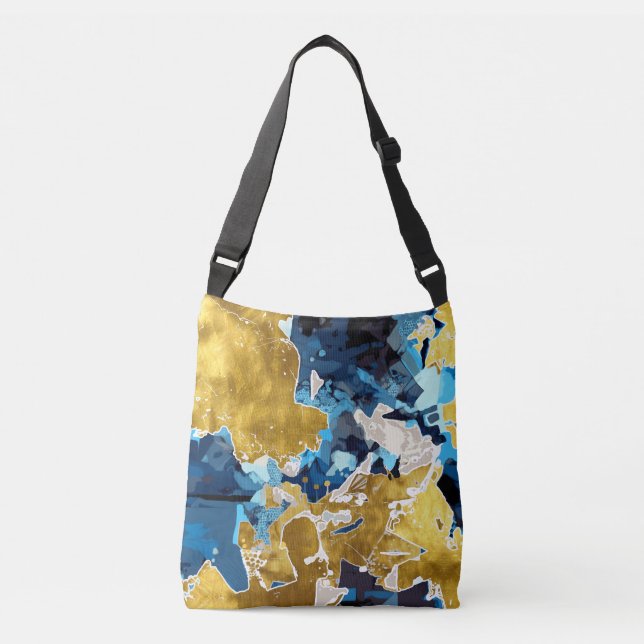 Abstract, modern, collage, gold, navy blue crossbody bag (Front)