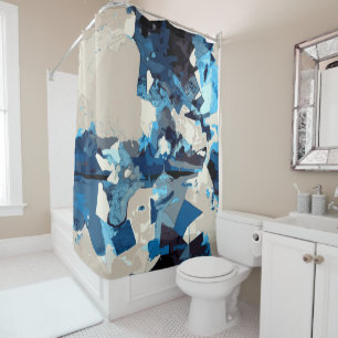 Abstract, modern, collage, navy blue, teal, beige shower curtain