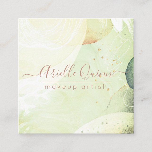 Abstract Modern Earthy Watercolor Shapes Green Square Business Card (Front)
