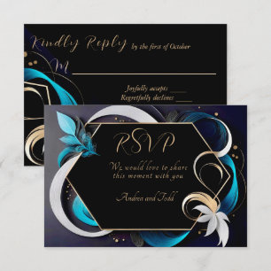 Abstract modern elegant teal, white, gold wedding RSVP card