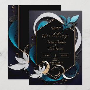 Abstract modern elegant teal, white, gold wedding save the date