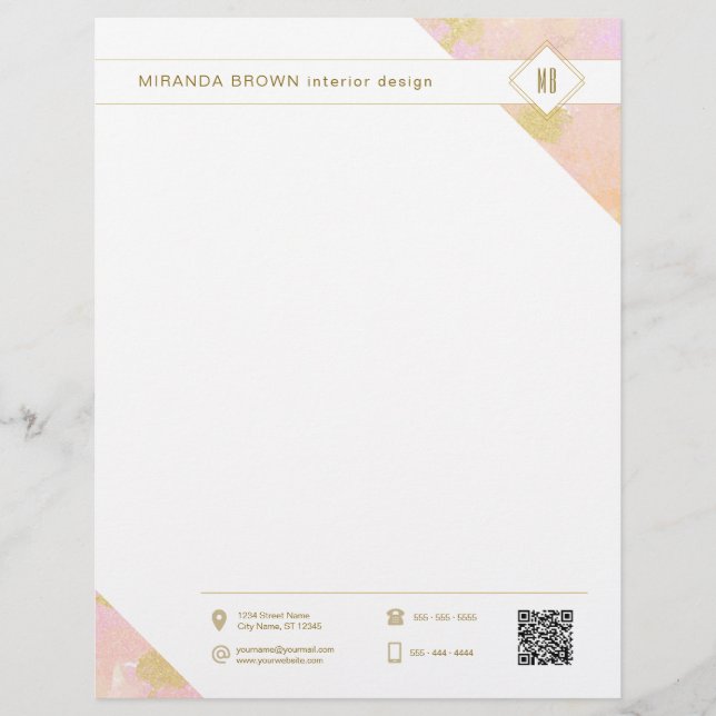 Abstract Modern Elegant Watercolor Logo Pink Gold  Custom Letterhead (Front)