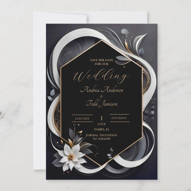 Abstract modern elegant white and gold wedding sav save the date (Front)