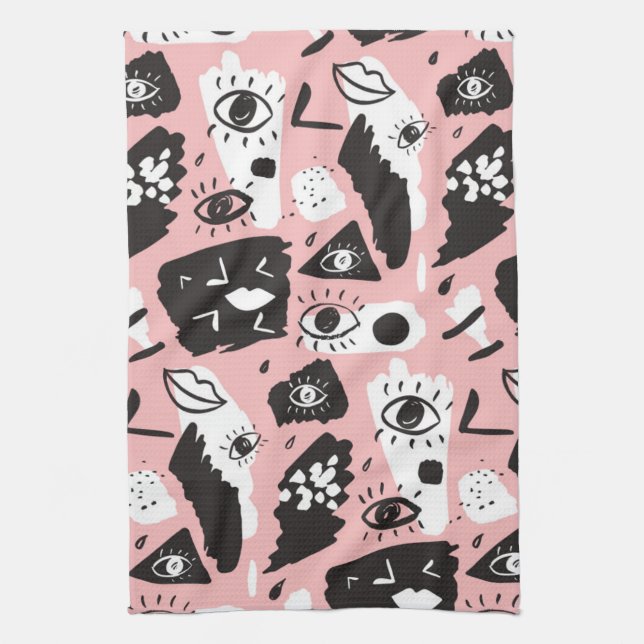 Abstract Modern Eye & Lips Pattern Tea Towel (Vertical)
