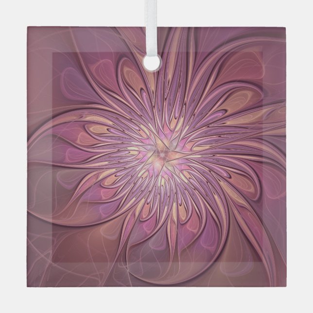 Abstract Modern Floral Fractal Art Berry Colors Glass Tree Decoration (Front)