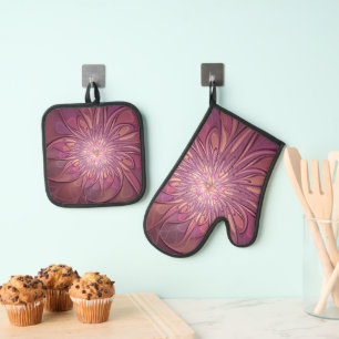 Abstract Modern Floral Fractal Art Berry Colours Oven Mitt & Pot Holder Set