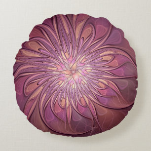Abstract Modern Floral Fractal Art Berry Colours Round Cushion