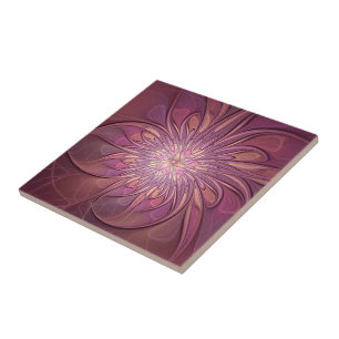 Abstract Modern Floral Fractal Art Berry Colours Tile