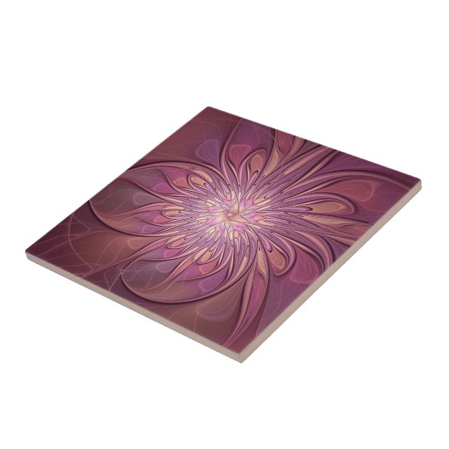 Abstract Modern Floral Fractal Art Berry Colours Tile (Side)