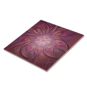 Abstract Modern Floral Fractal Art Berry Colours Tile