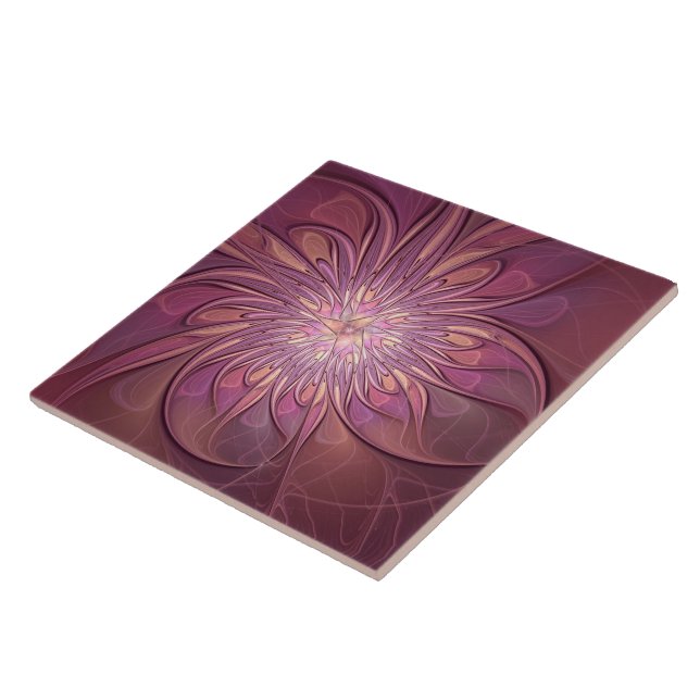Abstract Modern Floral Fractal Art Berry Colours Tile (Side)