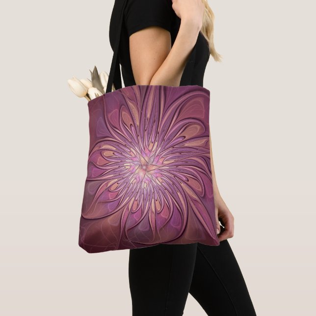 Abstract Modern Floral Fractal Art Berry Colours Tote Bag (Close Up)
