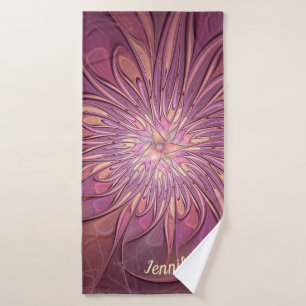 Abstract Modern Floral Fractal Berry Colours Name Bath Towel
