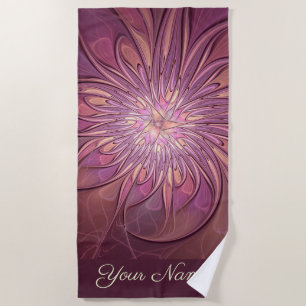 Abstract Modern Floral Fractal Berry Colours Name Beach Towel