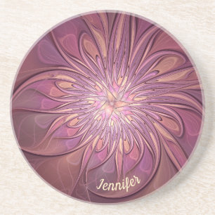 Abstract Modern Floral Fractal Berry Colours Name Coaster