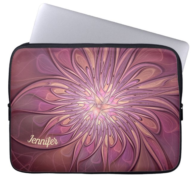 Abstract Modern Floral Fractal Berry Colours Name Laptop Sleeve (Front)