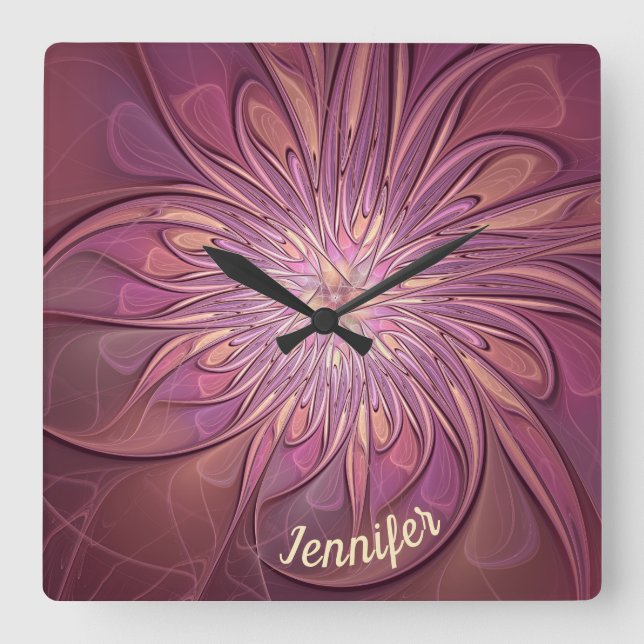 Abstract Modern Floral Fractal Berry Colours Name Square Wall Clock (Front)