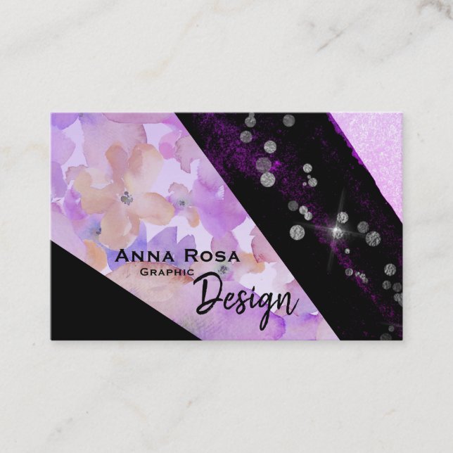 *~* Abstract Modern Floral Glitter Geometric Black Business Card (Front)
