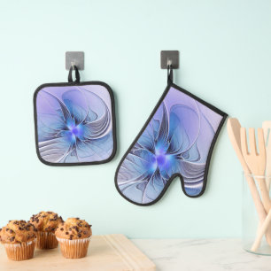 Abstract Modern Fractal Art Lavender Blue Oven Mitt & Pot Holder Set