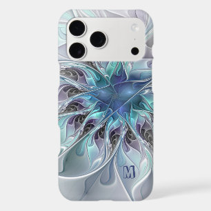 Abstract Modern Fractal Flower With Blue Monogram