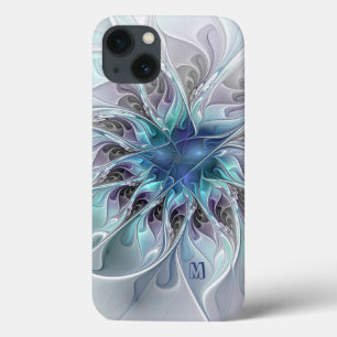 Abstract Modern Fractal Flower With Blue Monogram iPhone 13 Case