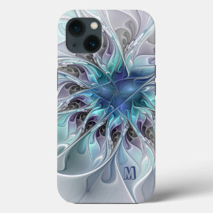 Abstract Modern Fractal Flower With Blue Monogram iPhone 13 Case