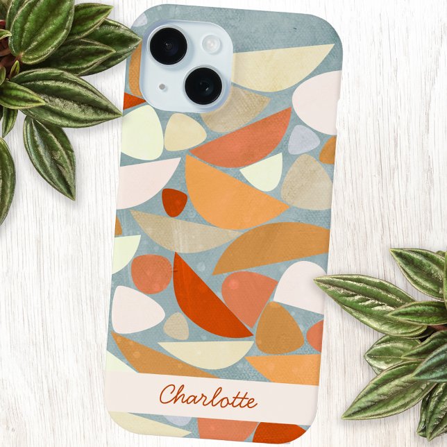 Abstract Modern Geometric Art Custom Name Case-Mate iPhone Case (Abstract geometric orange, peach, blush pink and sea foam personalized name cell phone case)