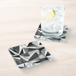 Abstract Modern Geometric Black & White Watercolor Glass Coaster