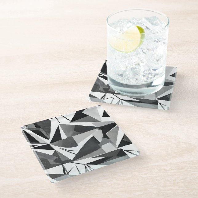 Abstract Modern Geometric Black & White Watercolor Glass Coaster (Angled)