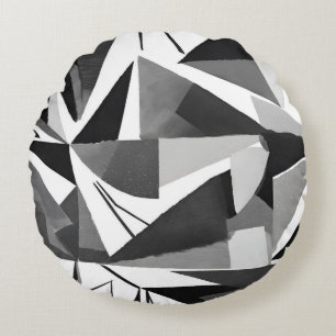 Abstract Modern Geometric Black & White Watercolor Round Cushion