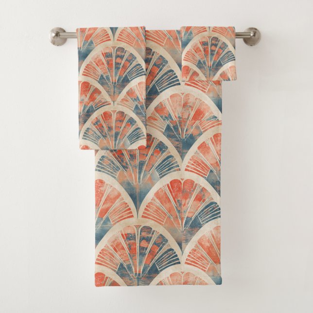 abstract modern geometric Coral and Blue Bath Towel Set (Insitu)