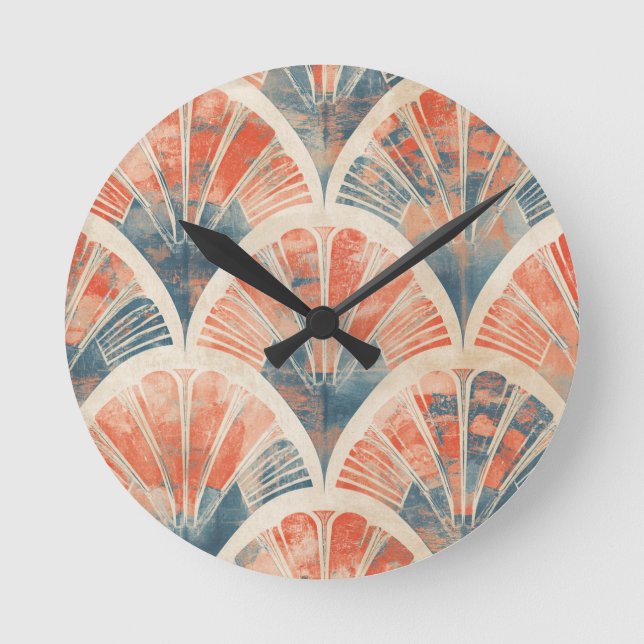 abstract modern geometric Coral and Blue Round Clock (Front)