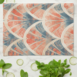 abstract modern geometric Coral and Blue Tea Towel