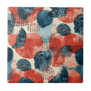 abstract modern geometric Coral and Blue Tile