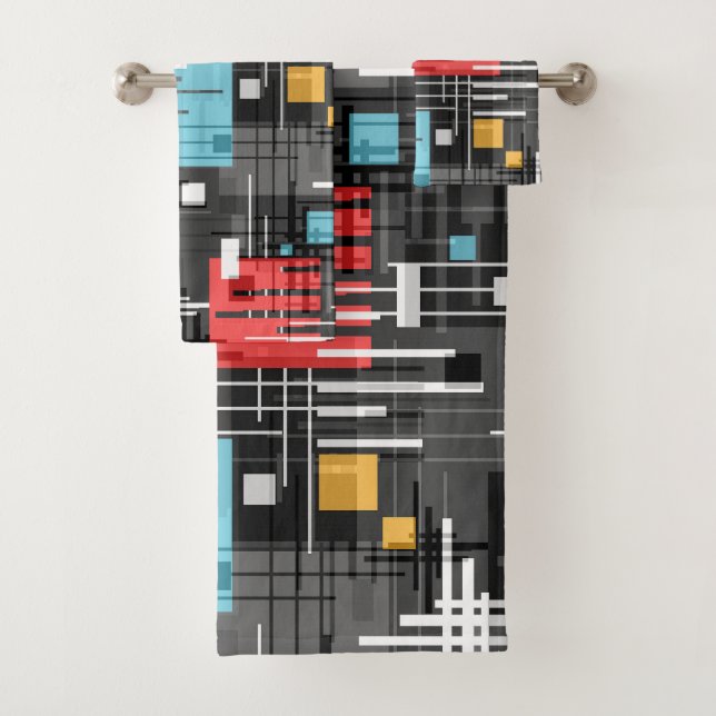 Abstract modern geometric shapes striped lined rec bath towel set (Insitu)