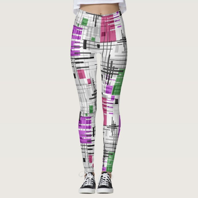 Abstract modern geometric shapes striped lined rec leggings (Front)