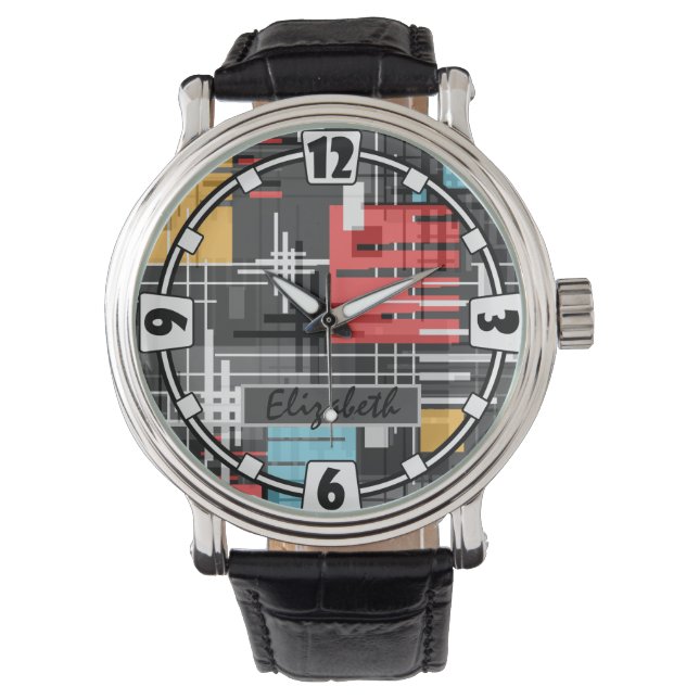 Abstract modern geometric shapes striped lined rec watch (Front)