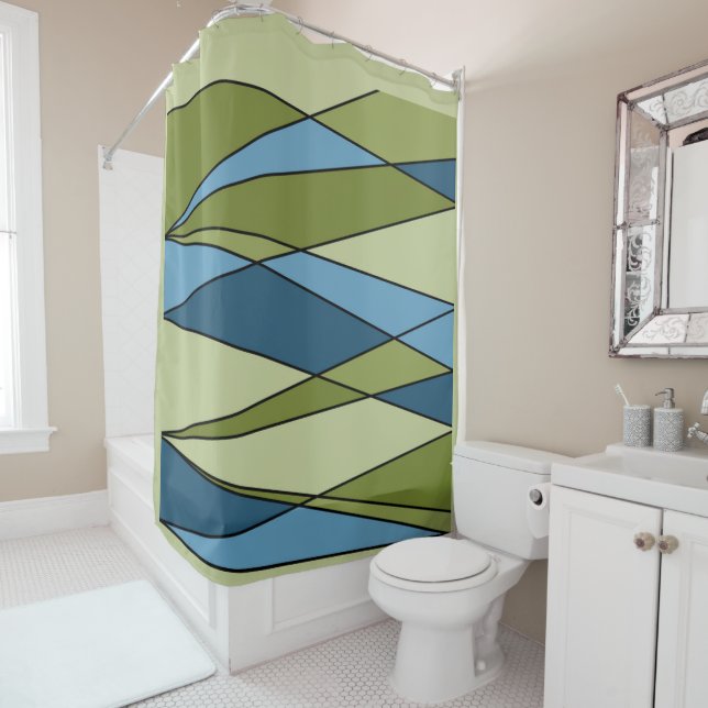 Abstract modern geometric shapes triangles blue gr shower curtain (In Situ)