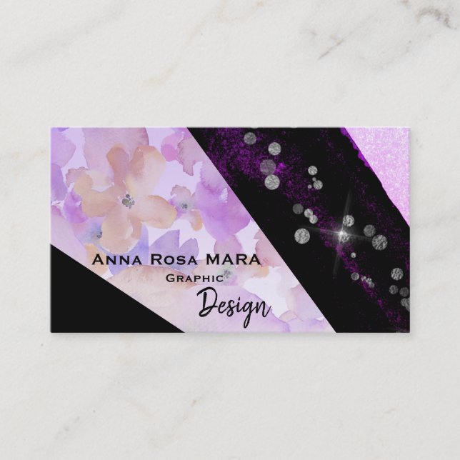 *~* Abstract Modern Glitter Geometric Floral Black Business Card (Front)