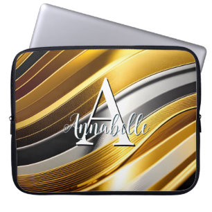 Abstract Modern Gold Silver & Bronze Waves Laptop Sleeve
