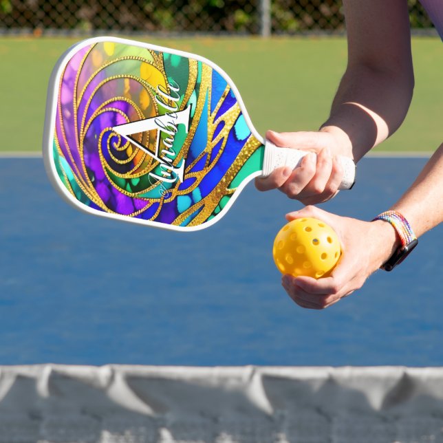 Abstract Modern Jewel Purple and Gold Metallic Pickleball Paddle (Insitu)