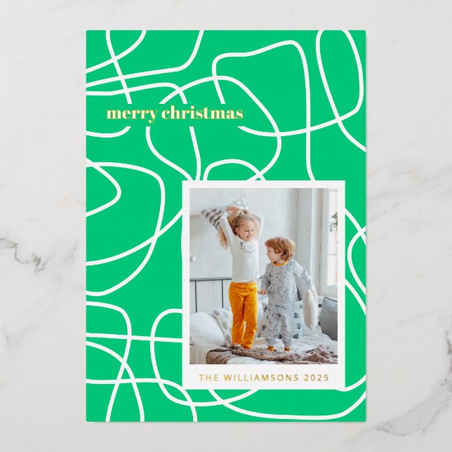 Abstract Modern Line Art Green Custom Photo Gold Foil Holiday Card (Front)