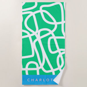 Abstract Modern Line Art in Green Personalised Beach Towel