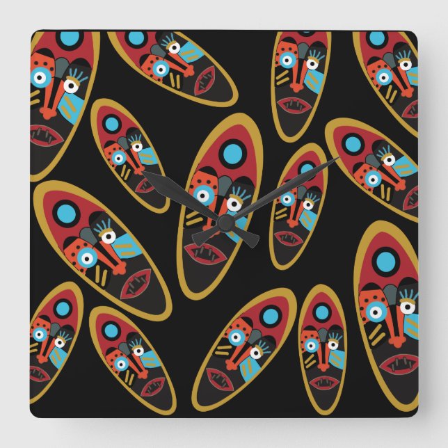 abstract modern masks pattern square wall clock (Front)