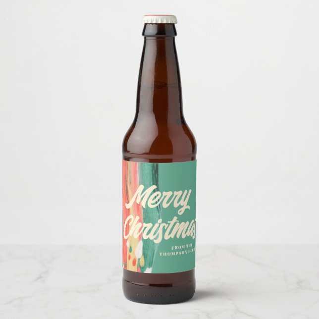 Abstract Modern Merry Christmas Personalised Name Beer Bottle Label (Front)